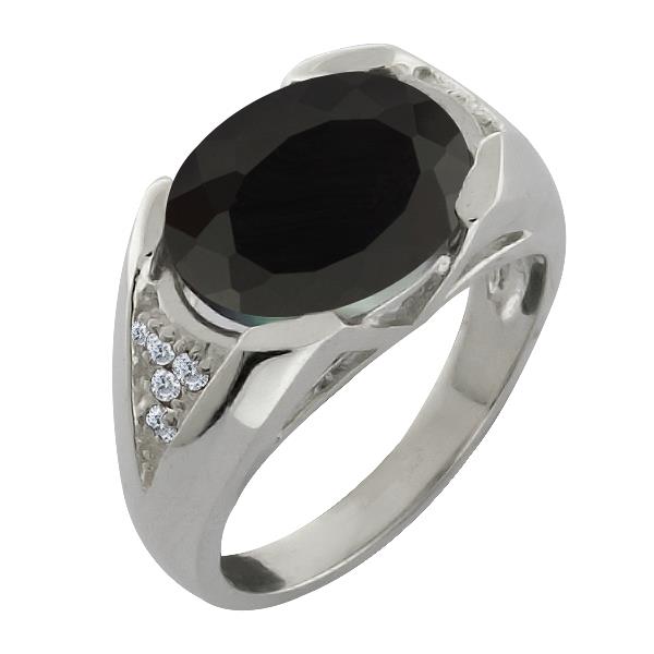 4.11 Ct Oval Black Onyx and White Diamond 18k White Gold Ring