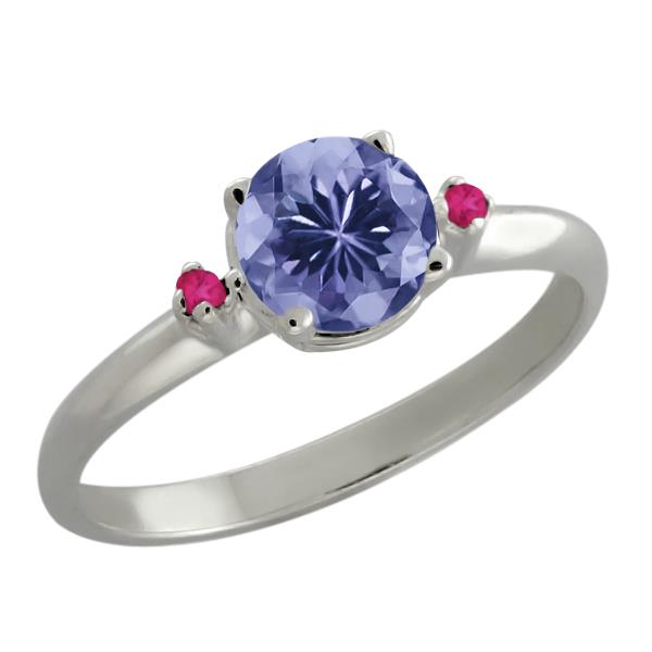 0.92 Ct Round Blue Tanzanite Pink Sapphire 14K White Gold Ring