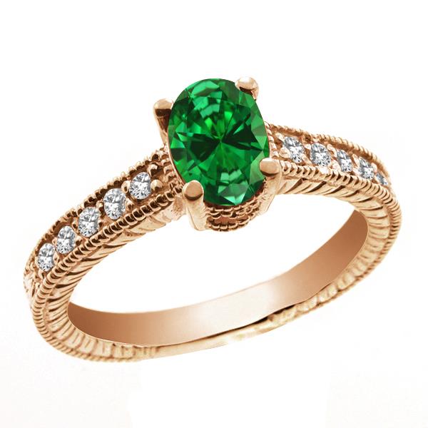 1.64 Ct Oval Green Simulated Emerald White Topaz 14K Rose Gold Ring