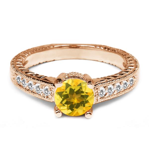 0.80 Ct Round Yellow Citrine White Sapphire 14K Rose Gold Engagement Ring 