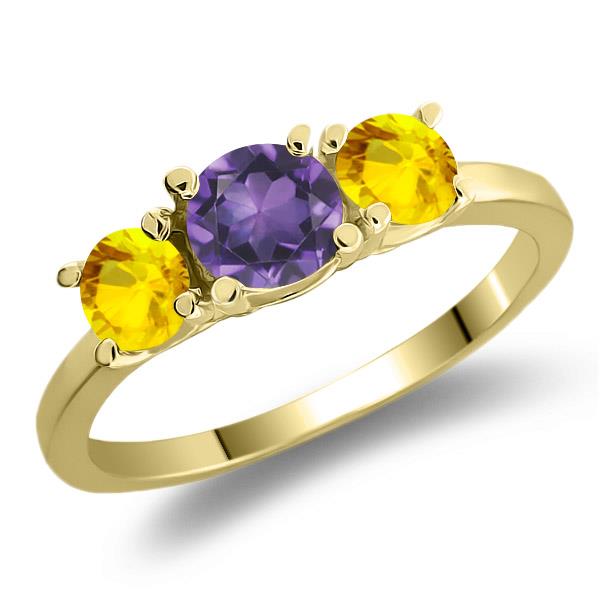 1.17 Ct Round Purple Amethyst Yellow Sapphire 925 Yellow Gold Plated Silver Ring