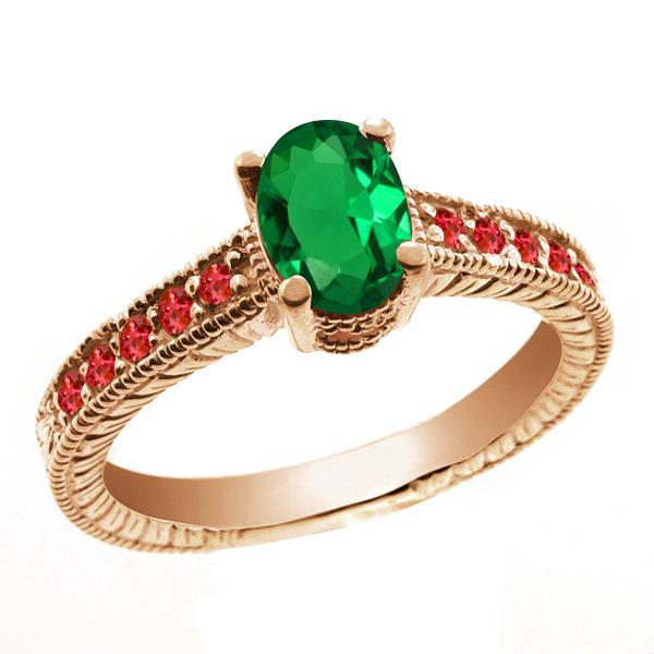 1.00 Ct Oval Green Nano Emerald Red Garnet 14K Rose Gold Ring 