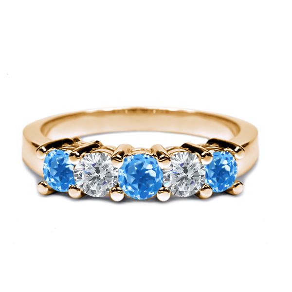 0.94 Ct Round Swiss Blue Topaz I/J Diamond 14K Yellow Gold Wedding Band Ring