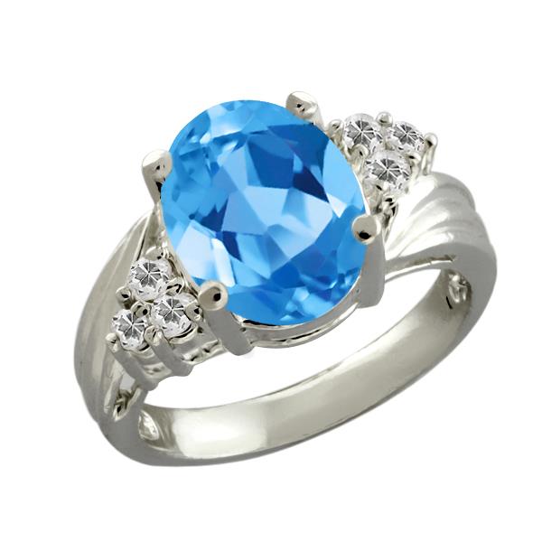 2.98 Ct Oval Swiss Blue Topaz White Sapphire 14K White Gold Ring