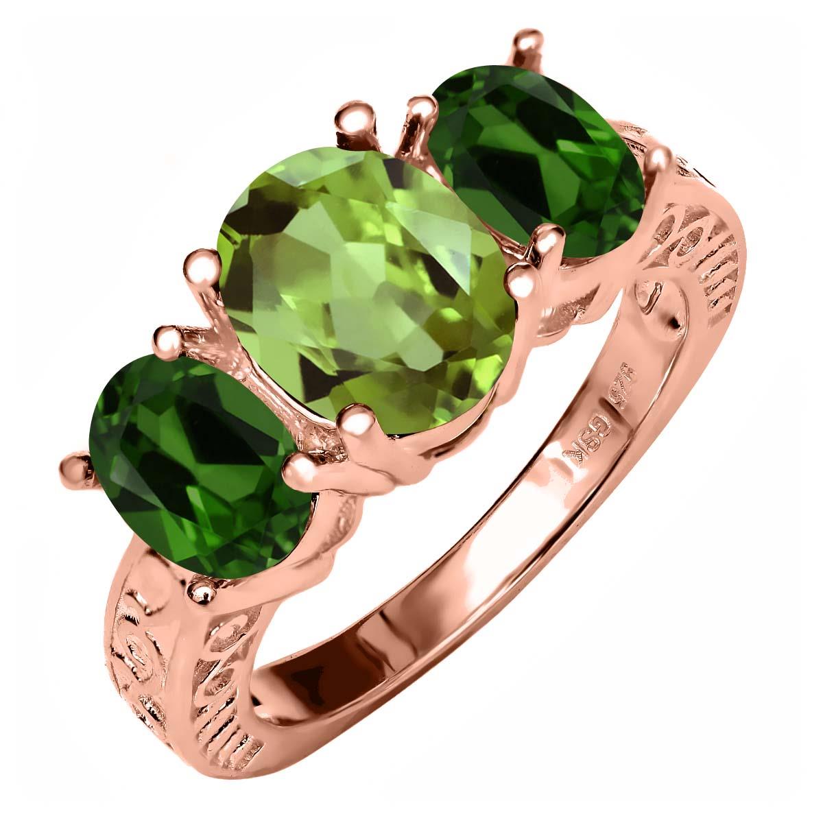 3.40 Ct Green Peridot Green Chrome Diopside 18K Rose Gold Plated Silver Ring 