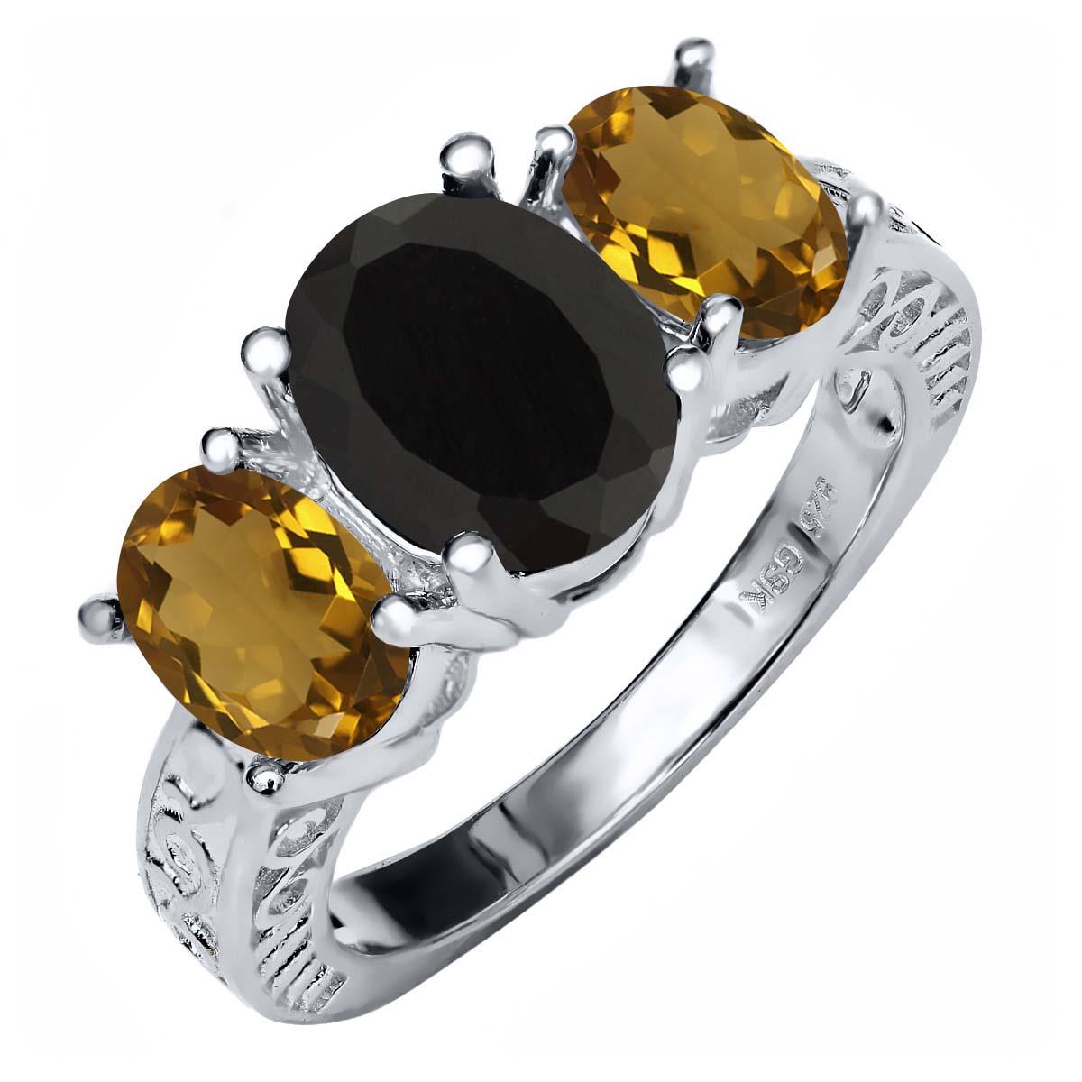 3.40 Ct Oval Black Onyx Whiskey Quartz 925 Sterling Silver Ring