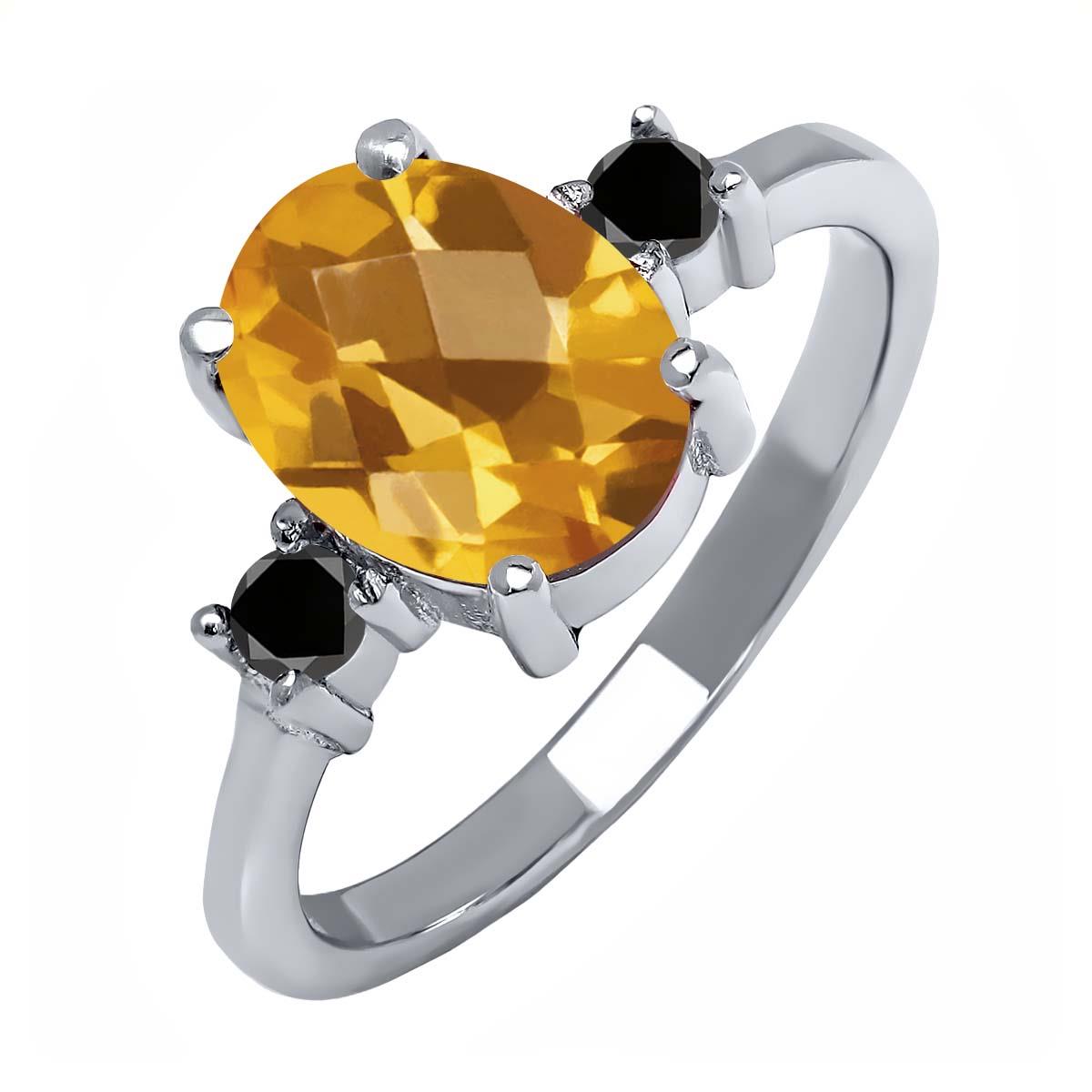 1.73 Ct Oval Checkerboard Yellow Citrine Black Diamond 925 Sterling Silver Ring