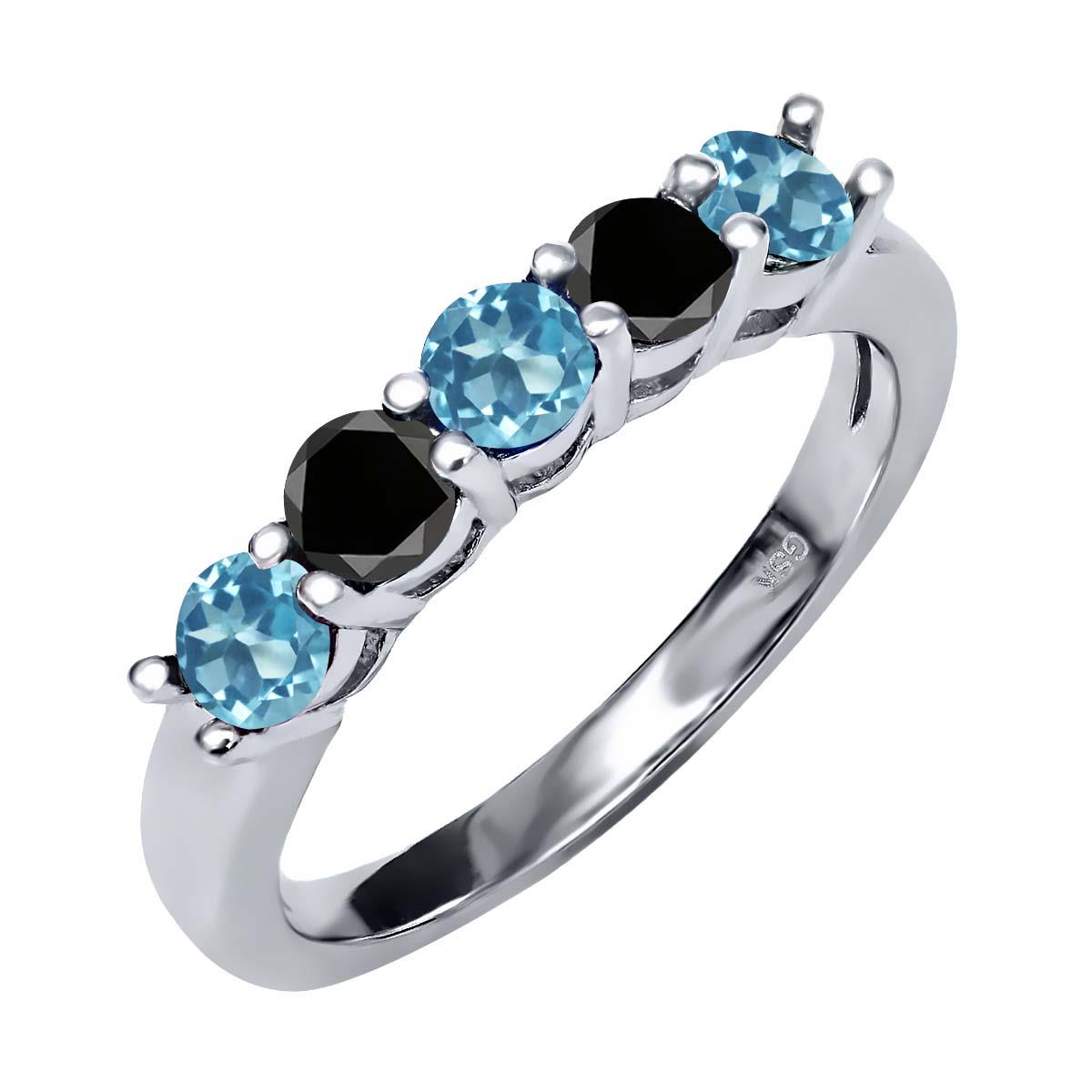 0.94 Ct Round Swiss Blue Topaz Black Diamond 925 Sterling Silver Ring