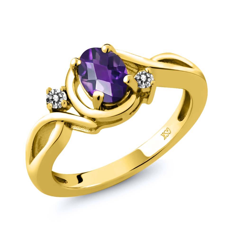 0.82 Ct Oval Checkerboard Purple Amethyst White Diamond 18K Yellow Gold Ring