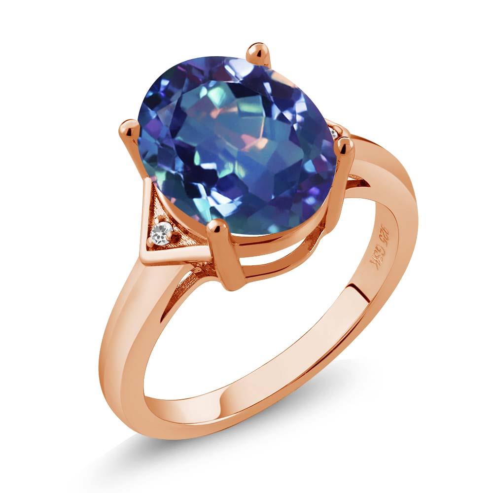 4.02 Ct Oval Millennium Blue Mystic Quartz White Sapphire 18K Rose Gold Ring 