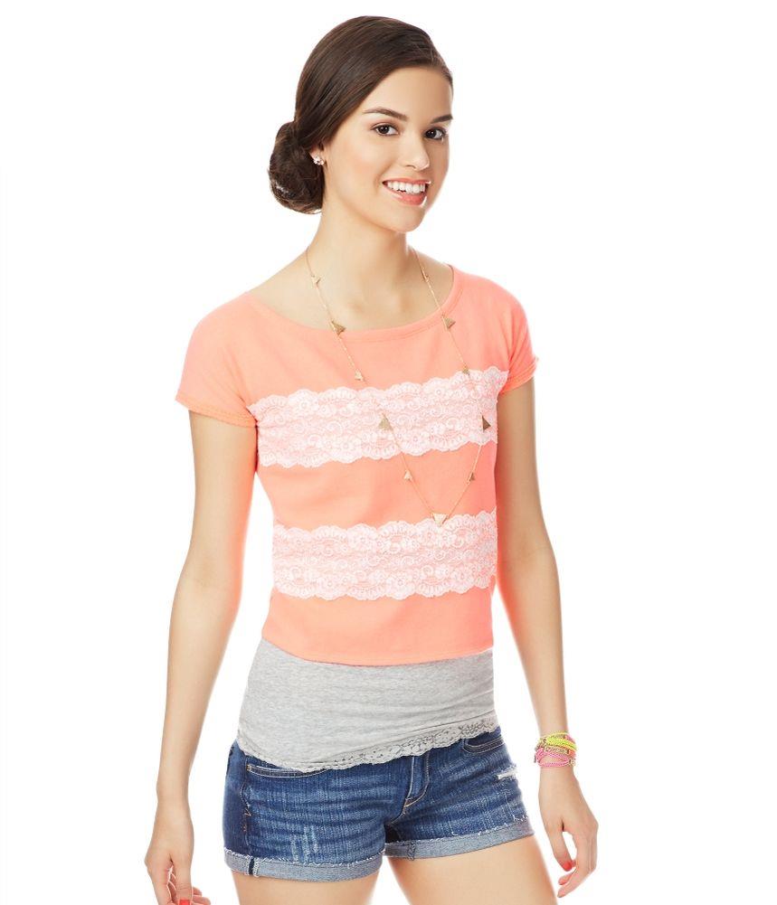 Aeropostale Womens Zip Lace Embellished T Shirt 052 XS