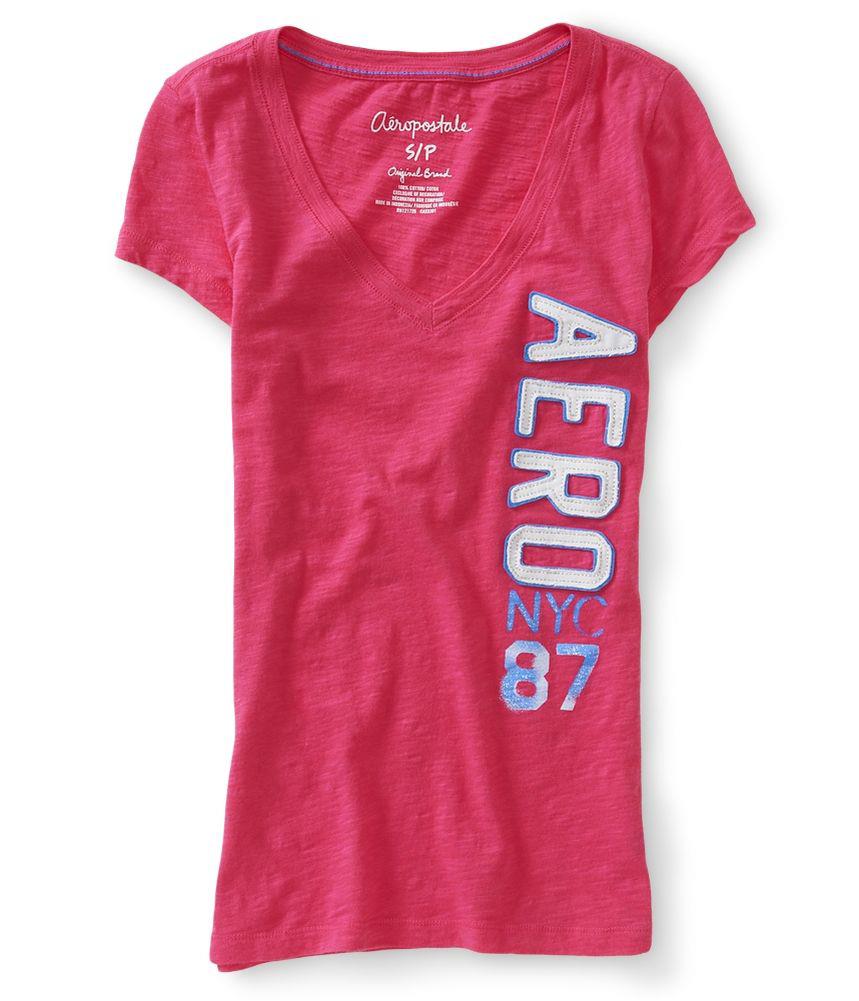 Aeropostale Womens Vertical Nyc 87 V neck Embellished T Shirt 792 XS