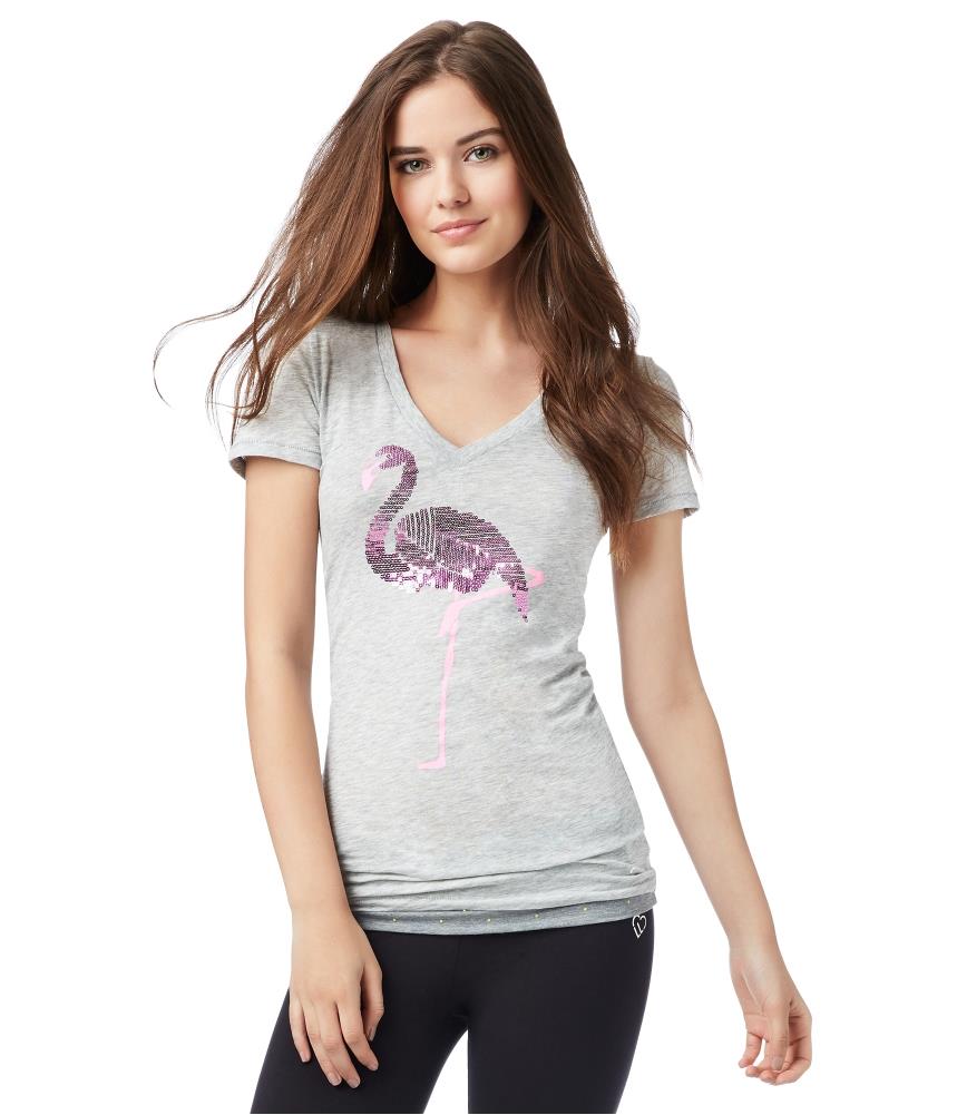 Aeropostale Womens Sequin Flamingo Embellished T Shirt 052 XS