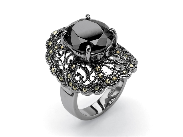 8.21 TCW Oval Cut Black Cubic Zirconia Black Genuine Marcasite Black Rhodium Plated Filigree Ring