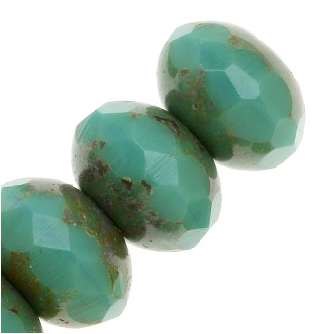 Czech Fire Polished Glass Faceted Rondelles 9x6mm   Green Turquoise Picasso (10)