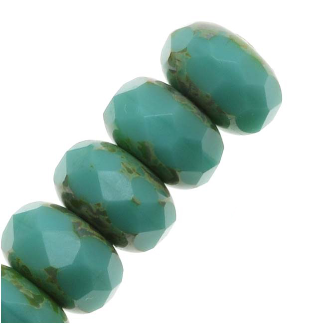 Czech Fire Polished Glass Faceted Rondelles 7x4mm   Green Turquoise Picasso (10)
