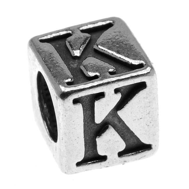 Sterling Silver, Alphabet Cube Bead Letter 'K' 5.5mm, 1 Piece, Antiqued