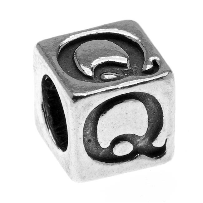 Sterling Silver, Alphabet Cube Bead Letter 'Q' 5.5mm, 1 Piece, Antiqued
