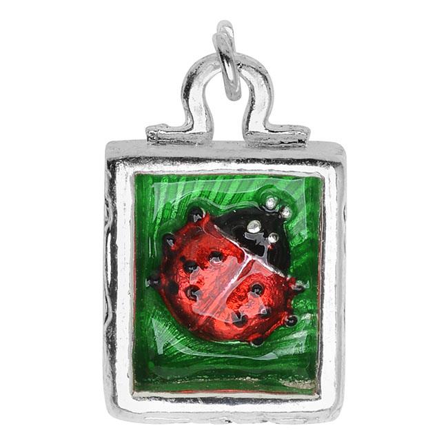 Silver Plated and Enameled Charm, Ladybug in Box 17.8x11.8x5.8mm, 1pc, Red/Green