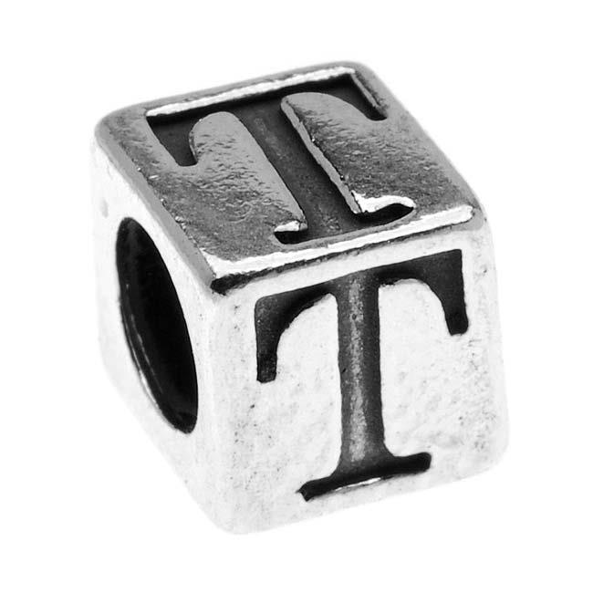 Sterling Silver, Alphabet Cube Bead Letter 'T' 5.5mm, 1 Piece, Antiqued