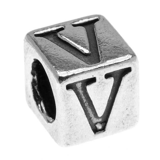 Lead Free Pewter Alphabet Bead, Letter 'V' 5.5mm Cube, 1 Piece, Antiqued Silver