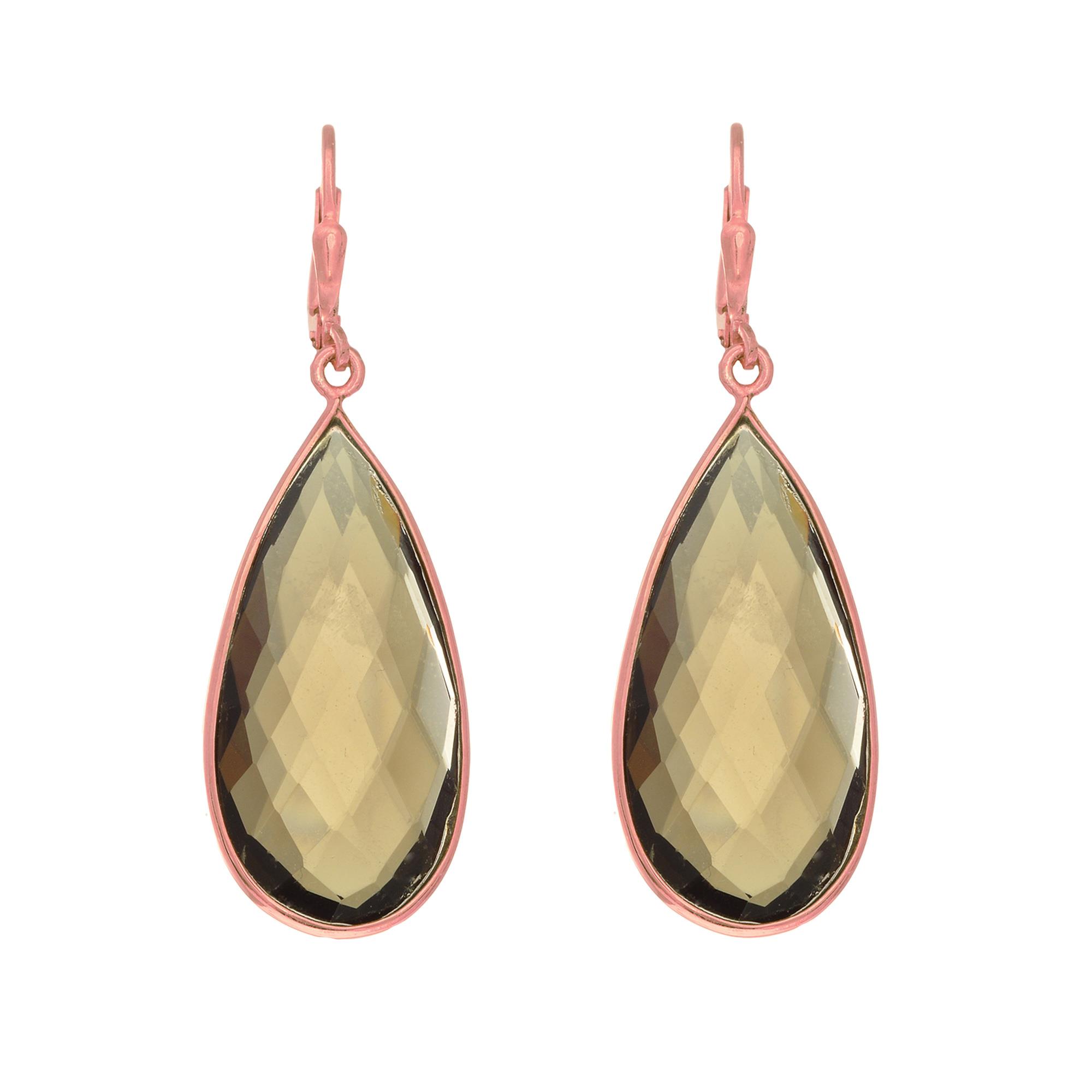 Long Teardrop Faceted Smokey Quartz Earrings Set In Rose Gold Plated Sterling Silver