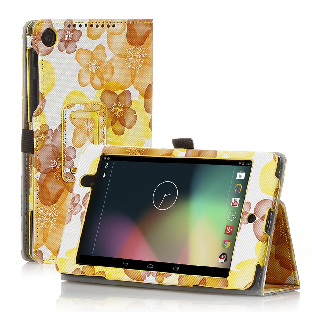 Google Nexus 7 Case  Slim Fit Folio PU Leather Case Smart Cover Stand For Google Nexus 7 2nd Gen 2013 Version with Auto Sleep & Wake Feature and Pen Loop / Stylus Holder / SD Card Slots Flower Yellow