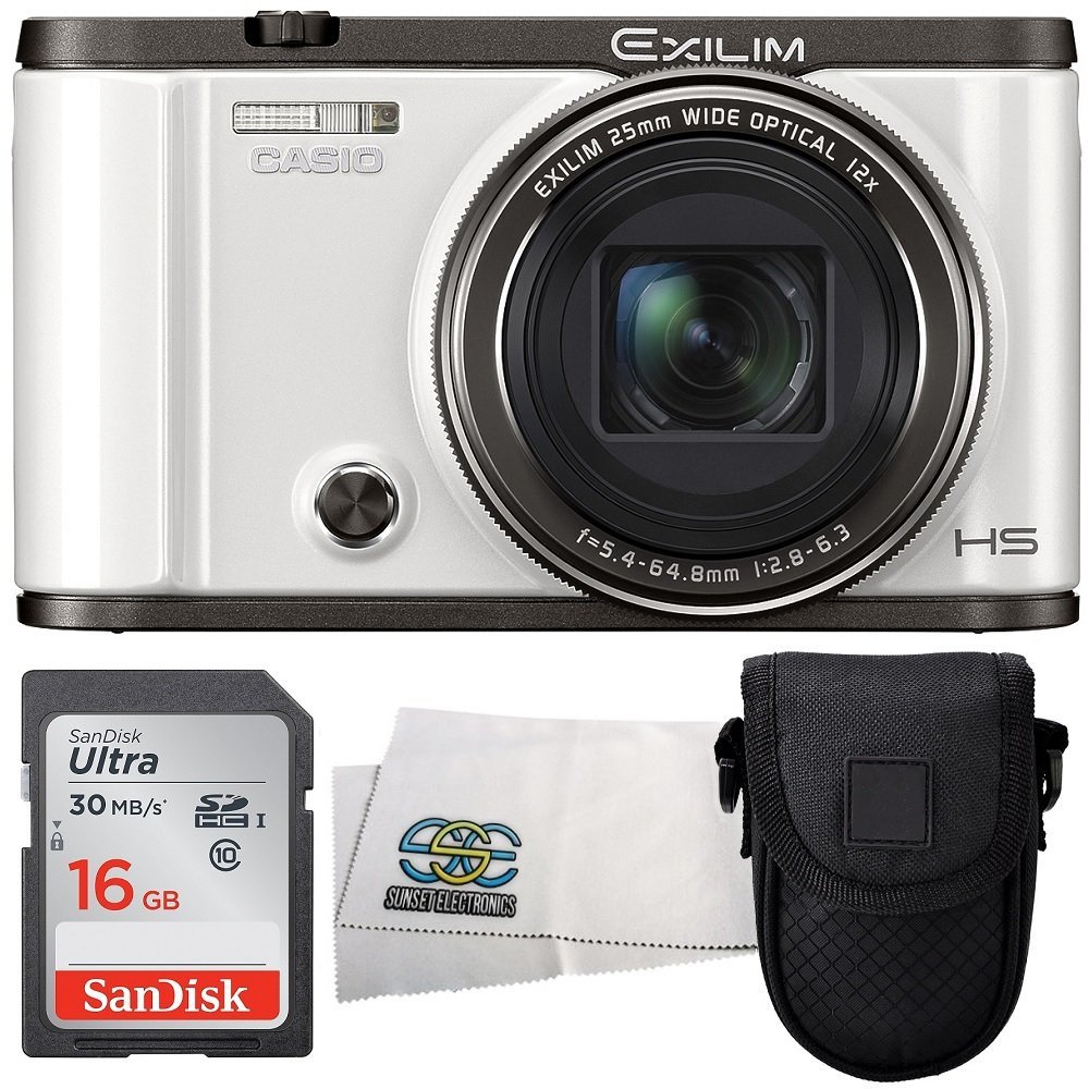 Casio Exilim EX ZR3500 Self Portrait Compact Digital Camera (White) with SanDisk 16GB Ultra Class 10 SDHC Memory Card, Small Point & Shoot Carrying Case and Microfiber Cleaning Cloth