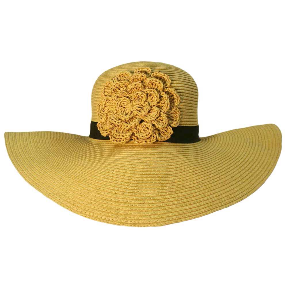 Natural Wide 4.5" Brim Floppy Hat With Crochet Flower