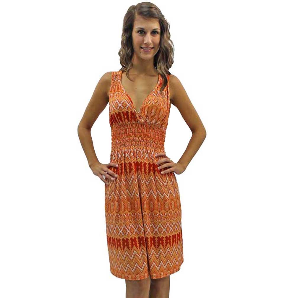Orange & White Chevron Aztec Light Sleeveless Dress 