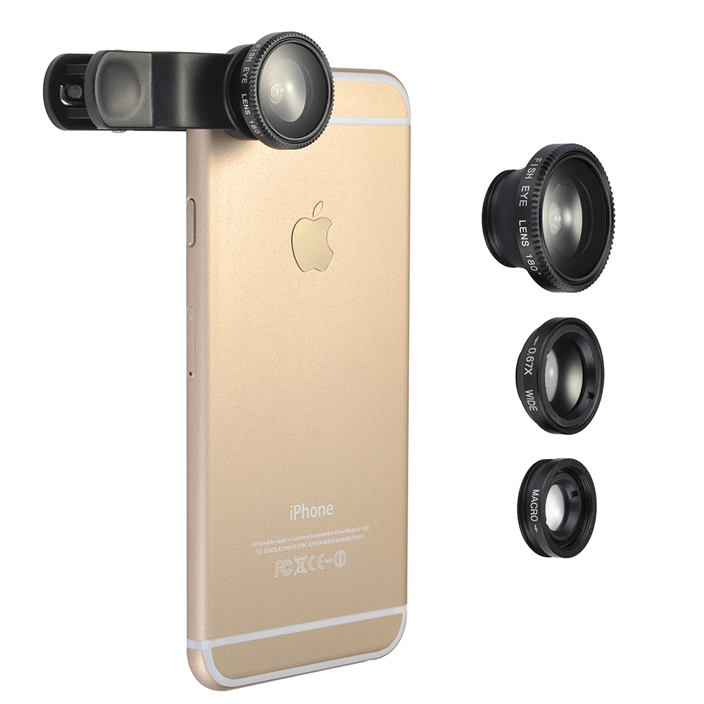 3 in 1 Clip On 180 Degree Supreme Fisheye Fish Eye Lens + 0.67X Wide Angle+ Micro Lens Easy Use Camera Lens Kits For iPhone 6 / 6 Plus, iPhone 5 5S 4 4S 6S Samsung HTC etc