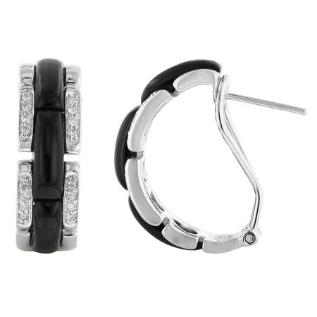 14K White Gold 4.36ct Powerful Recovery Diamond & Simulted Onyx Huggie Earrings