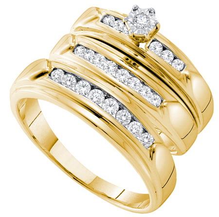 14K Yellow Gold 0.52ctw Shiny Channel Diamond Flower His & Hers Trio Set Ring