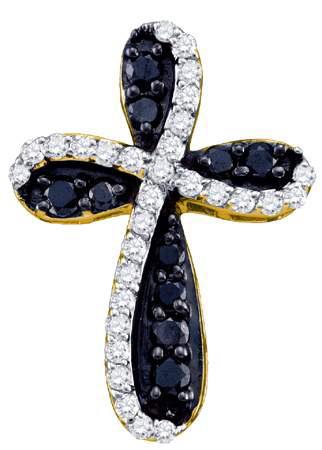 10K Yellow Gold 0.97CT Black Round Cut Diamond Fashion Cross Charm Pendant