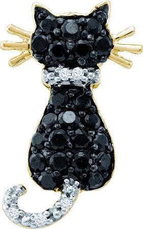 10K Yellow Gold 0.33ct Shiny Pave Black Diamond Fashion Shocking Cat Pendant