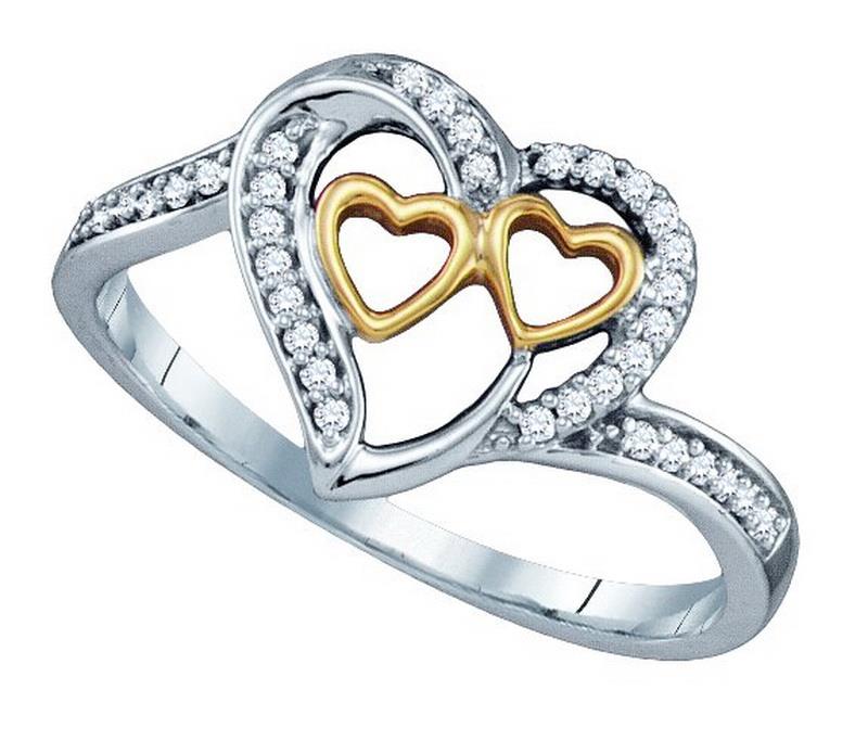 10K Two Tone Gold 0.12CT White Diamond Micro Pave Triple Heart Ring