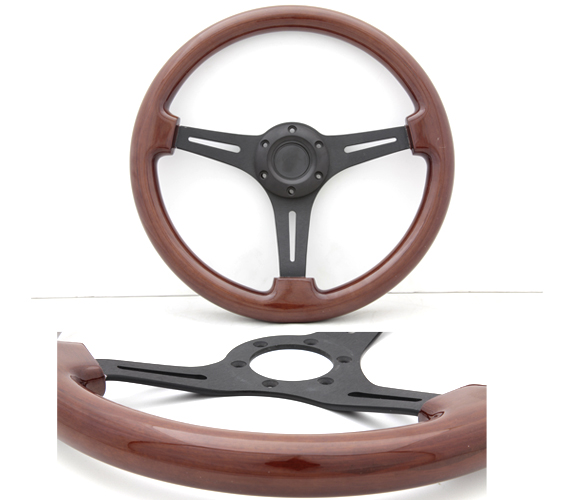 14" 350mm Wooden Steering Wheel Classic Wood Grain Sport Black Spoke Horn Button 