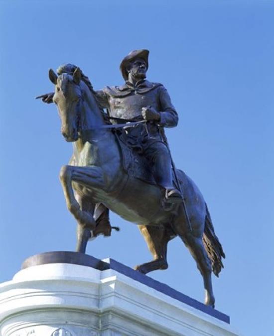 Statue of Sam Houston pointing towards San Jacinto battlefield against blue sky, Hermann Park, Houston, Texas, USA Print