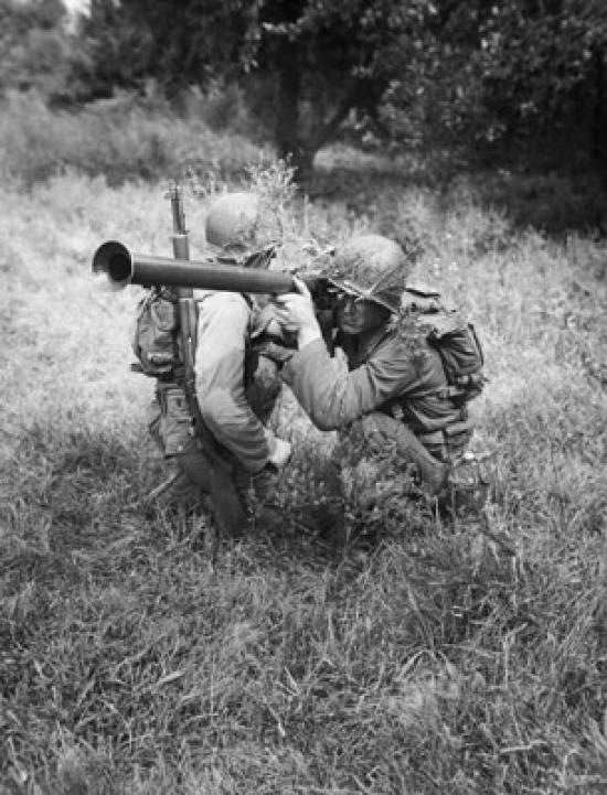 High angle view of two army soldiers shooting during training, Bazooka Training, Fort Dix, New Jersey, USA Poster Print 