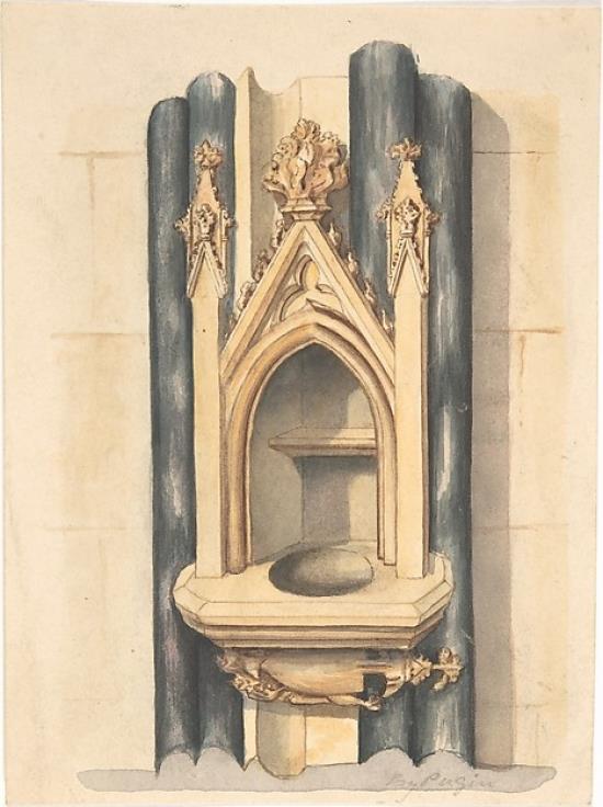 Design for baptismal font set between paired Purbeck marble columns Poster Print by to Auguste Charles Pugin (18 x 24)