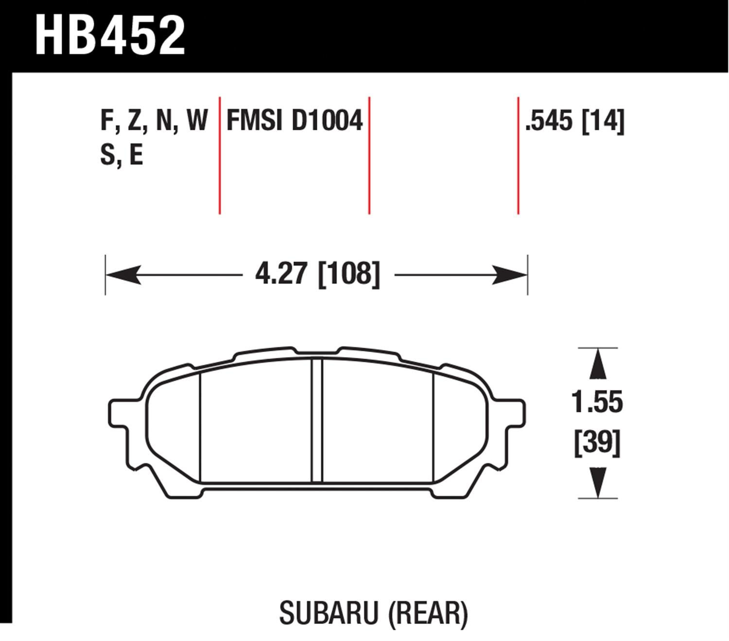 Hawk Performance HB452B.545 Disc Brake Pad 04 08 9 2X Forester Impreza