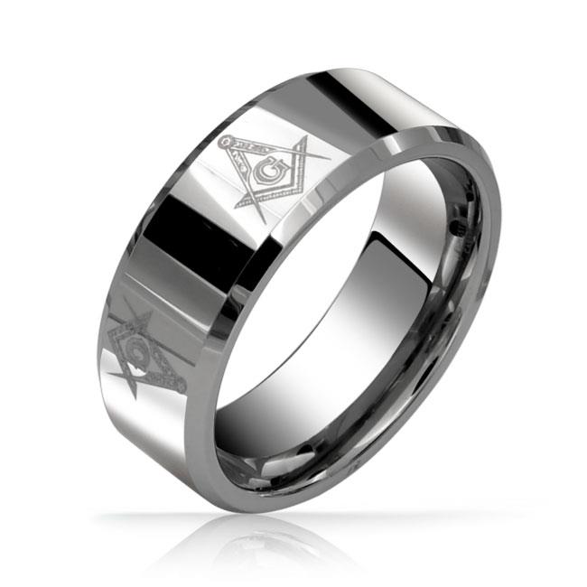 Bling Jewelry Freemason Masonic Mens Tungsten Band Ring Beveled Edge 8mm