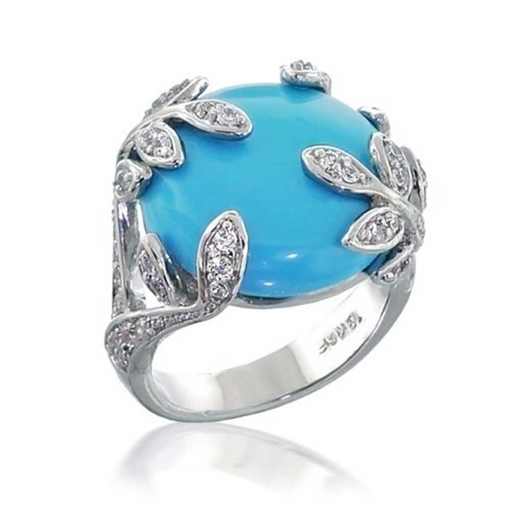 Bling Jewelry Simulated Turquoise CZ Leaves Cocktail Ring Rhodium Plated