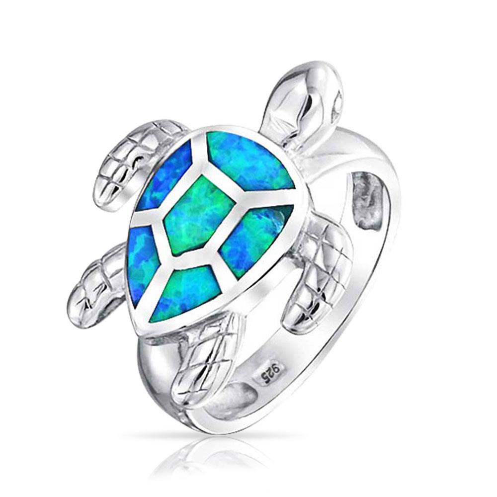 Bling Jewelry Sterling Silver Synthetic Blue Opal Inlay Nautical Sea Turtle Ring