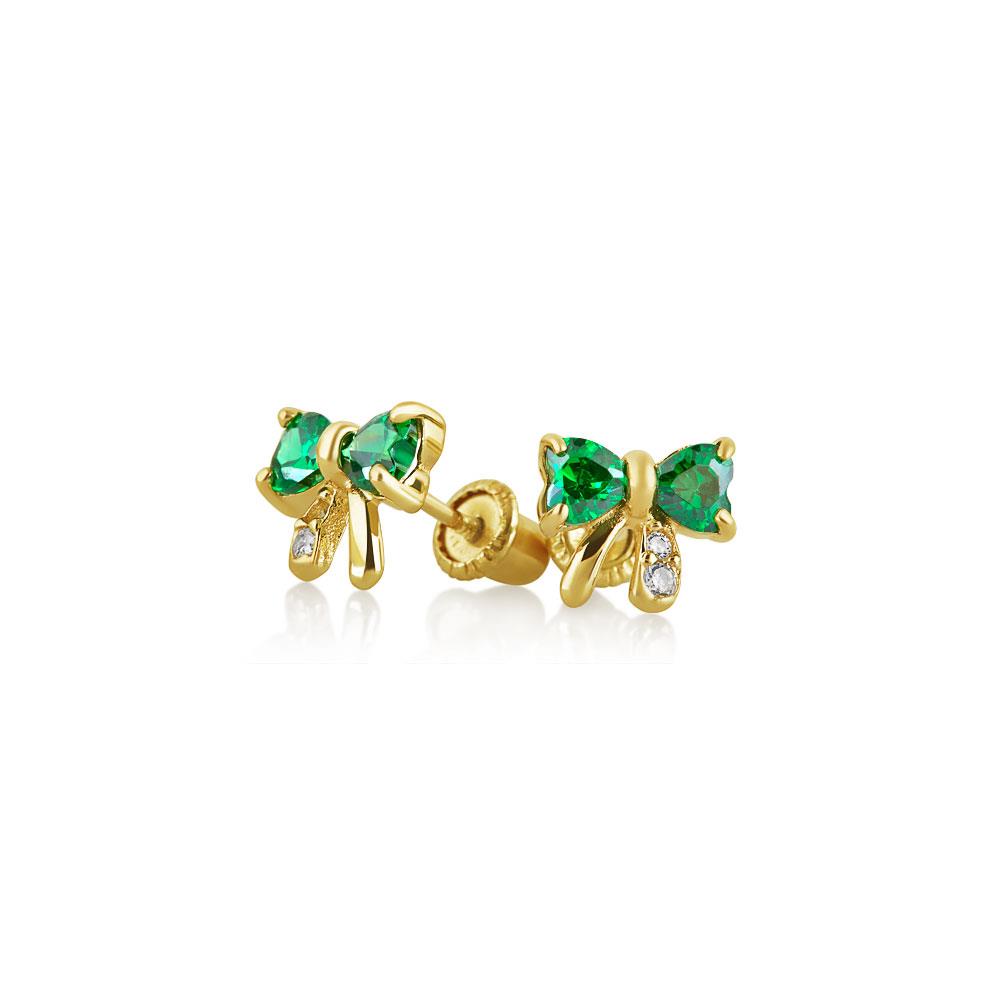 Bling Jewelry Simulated Emerald CZ Bow Baby Screwback Earrings 14K Gold