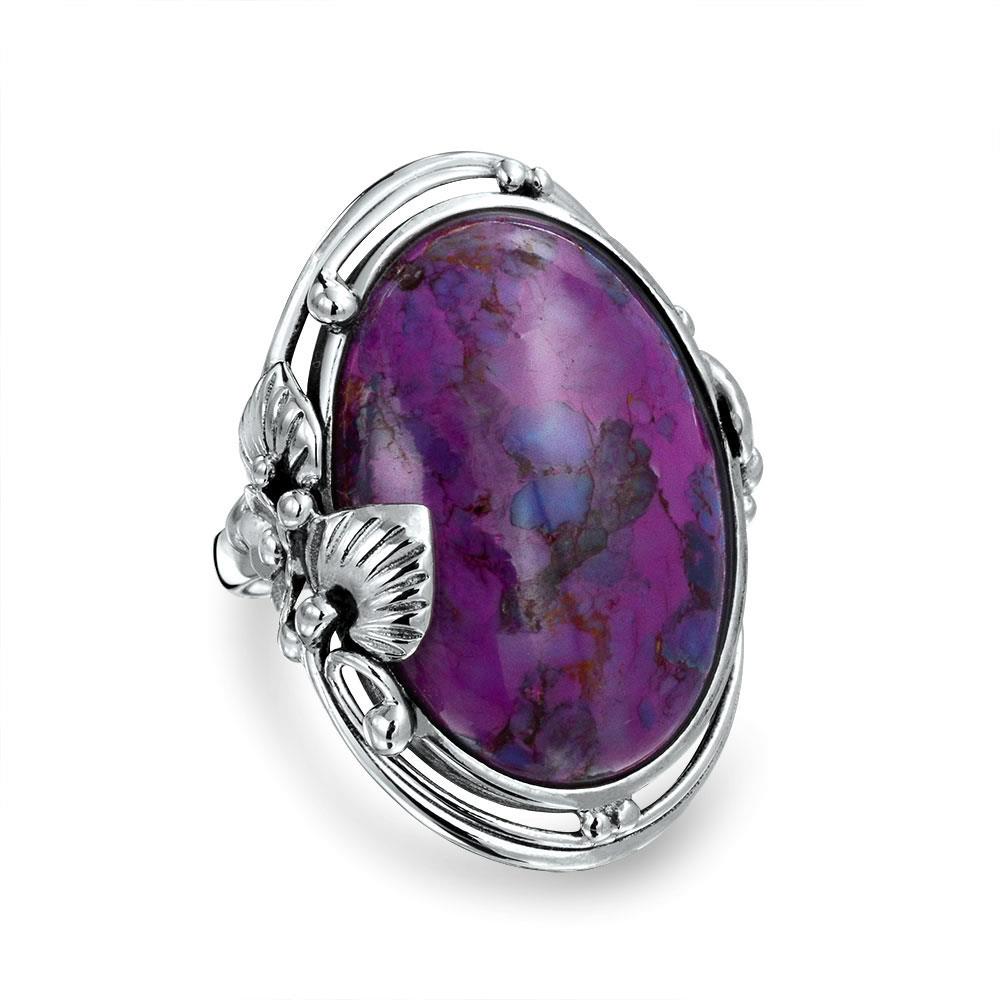 Bling Jewelry Purple Turquoise Sterling Silver Nature Leaf Flower Cocktail Ring 