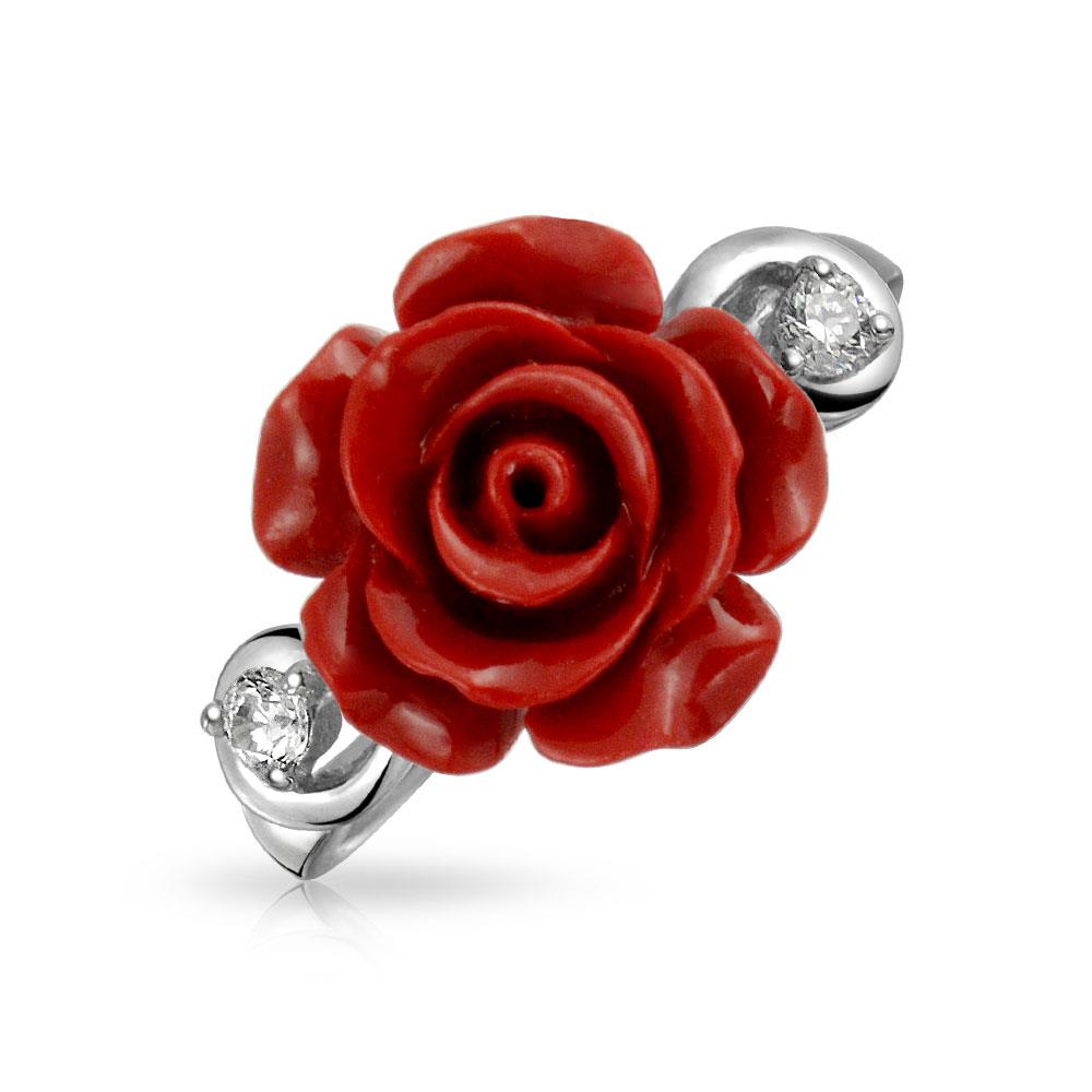 Bling Jewelry 925 Silver Red Resin Rose CZ Modern Ring Rhodium Plated