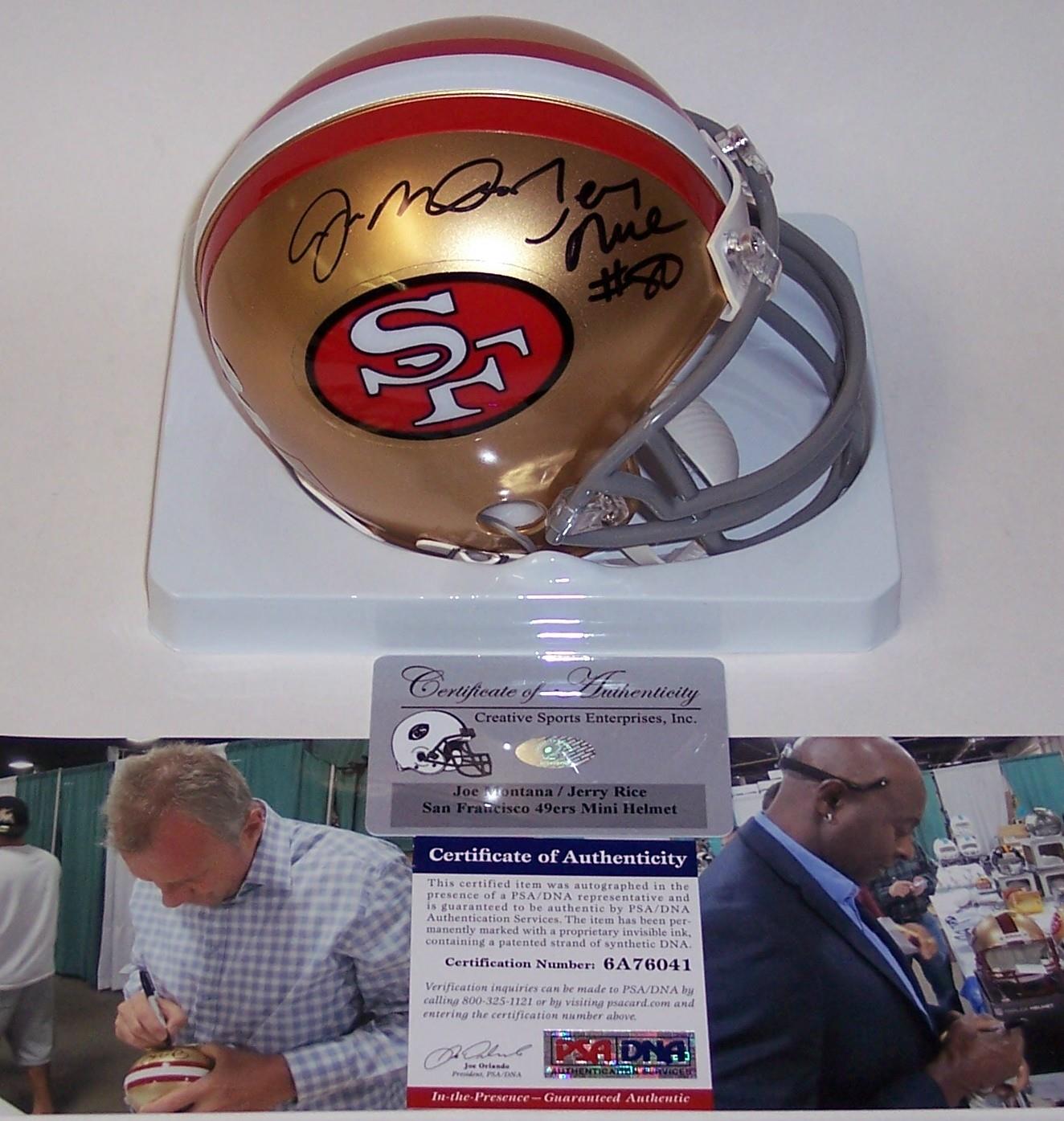 Jerry Rice and Joe Montana Hand Signed 49ers Mini Helmet   PSA/DNA