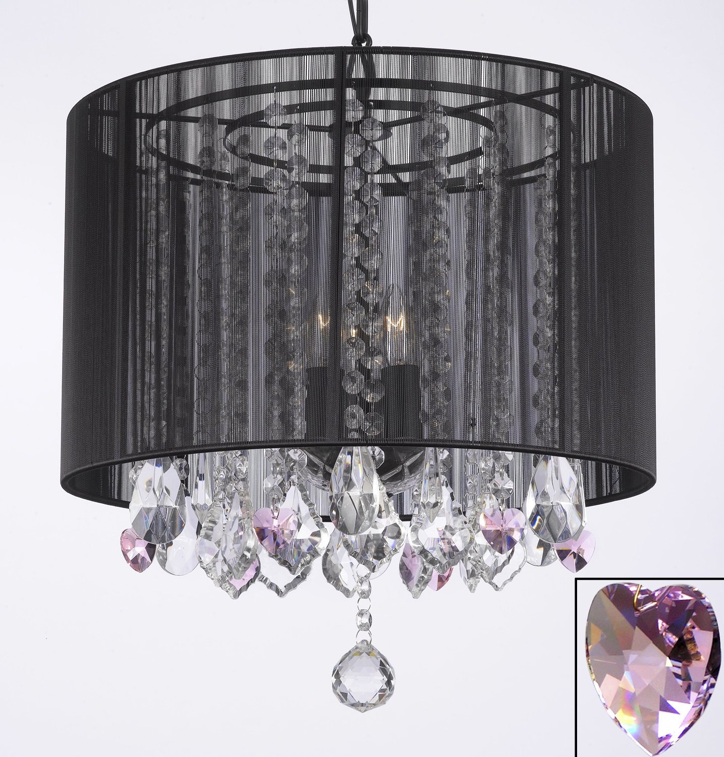 Crystal Chandelier Chandeliers With Large Black Shade and Pink Crystal Hearts! H15" x W15"   Perfect for Kids' and Girls Bedrooms!