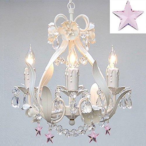 White Iron Empress Crystal(tm) Chandelier Lighting w/ Pink Crystal Stars!   Nursery, Kids, Girls Bedrooms, Kitchen, Etc!